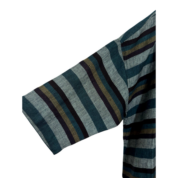 Eileen Fisher Sz L Teal Multi Stripe Organic Linen Top Bateau Neck EXCELLENT - Picture 3 of 6